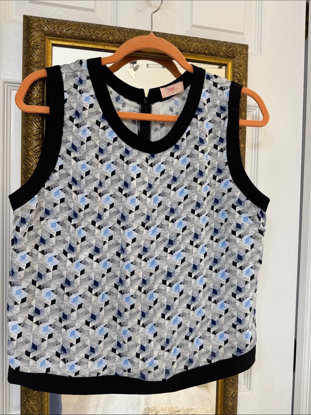 Patterned Blue and Black Trim Sleeveless Tank Top
